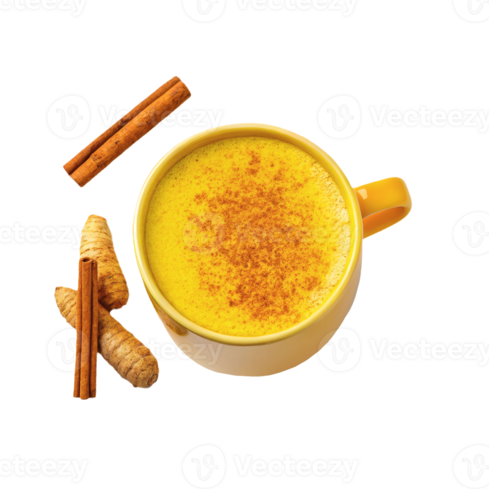 Vibrant turmeric latte in a yellow cup, garnished with cinnamon powder, surrounded by cinnamon sticks and turmeric roots png