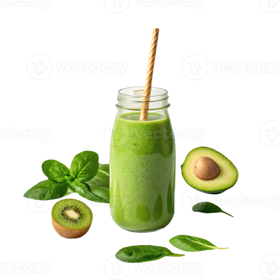 Glass jar of green smoothie with kiwi, avocado, spinach, and basil. healthy eating and detox drinks png