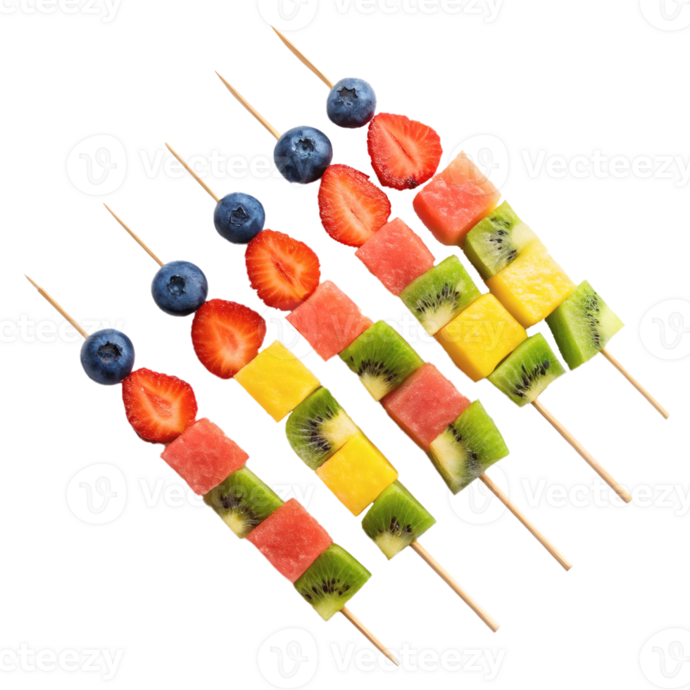 Vibrant fruit skewers with blueberries, strawberries, watermelon, kiwi, and mango on sticks, isolated. Healthy snack concept png