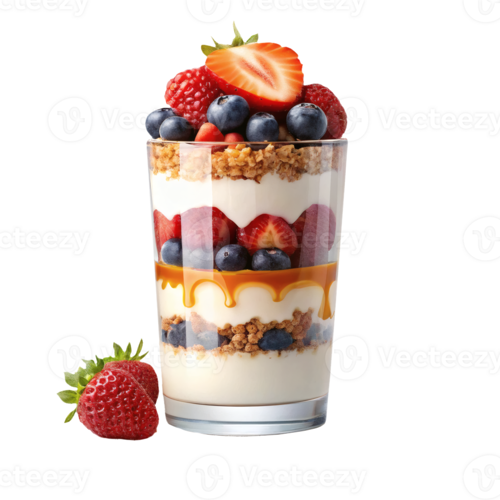 A layered glass of yogurt parfait with granola, fresh berries, caramel drizzle. healthy and delicious food png