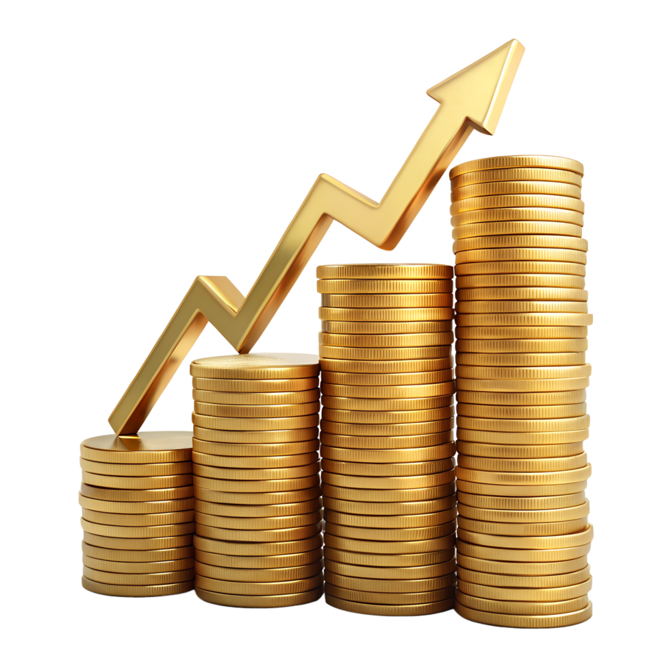 Financial Growth, Stacks of golden coins ascending with a rising arrow, symbolizes financial growth, investment, and economic coin png