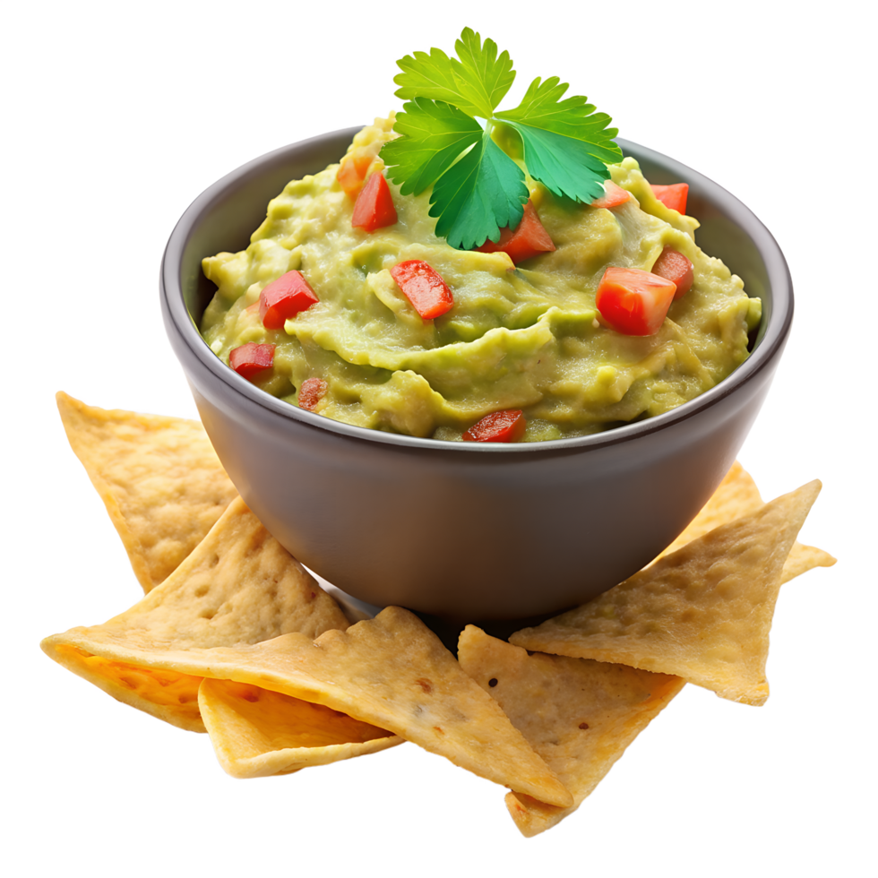 Appetizing Guacamole with Chips, A vibrant and appetizing image of creamy guacamole, adorned with diced tomatoes and a sprig of fresh parsley png
