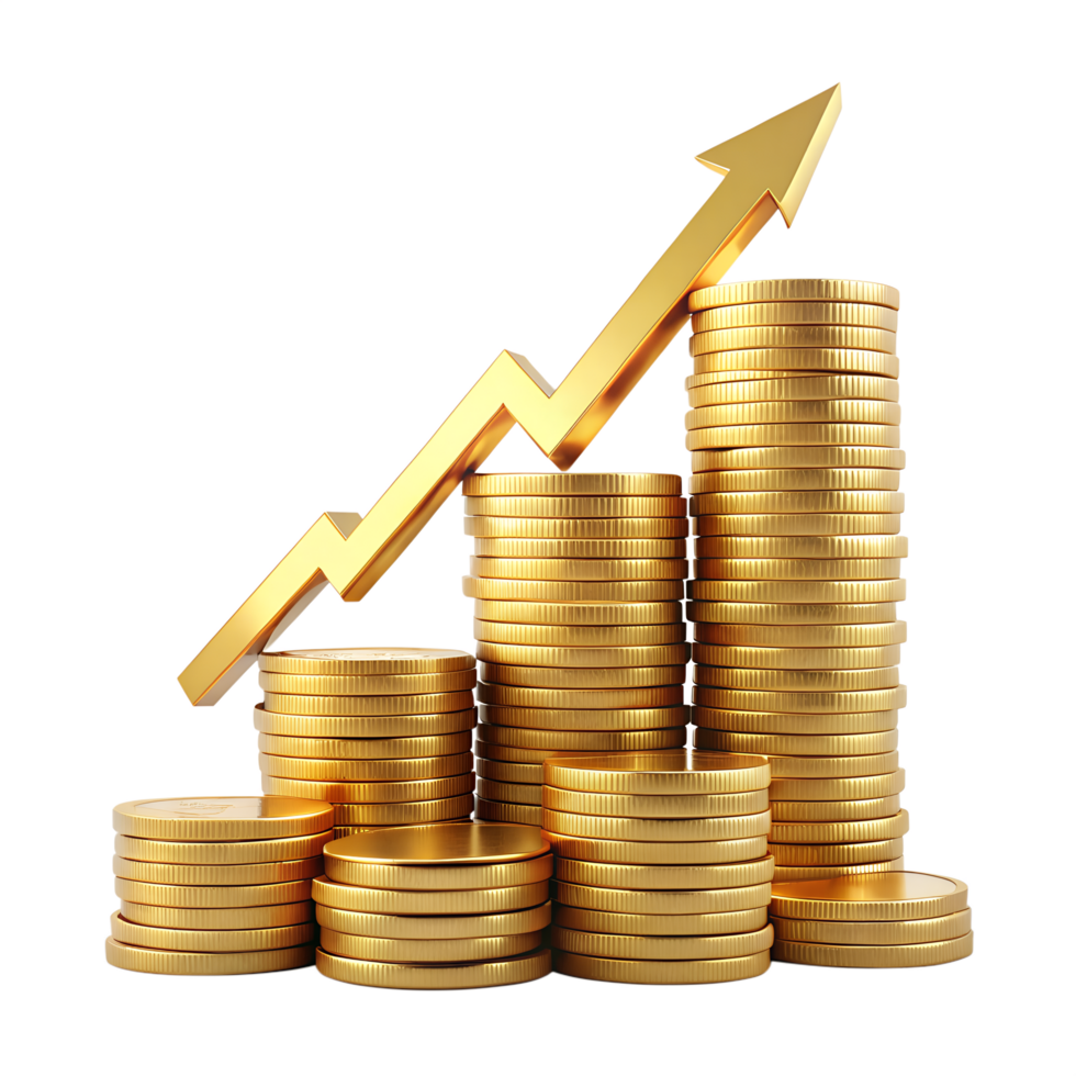 Financial Growth, Stacks of golden coins ascending with a rising arrow, symbolizes financial growth, investment, and economic Data png