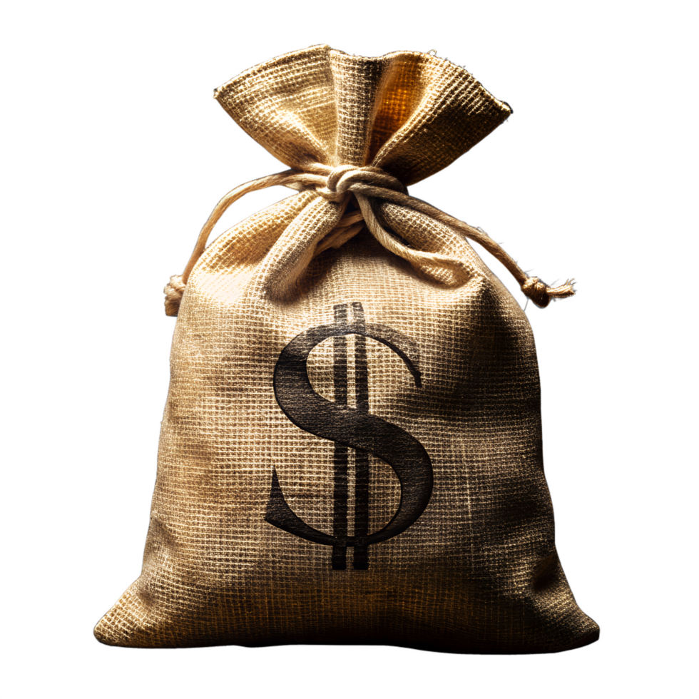 Money Bag with Dollar Sign, A rustic burlap bag, knotted at the top, prominently displaying the iconic dollar sign, evoking themes of wealth, investment, and financial security. png