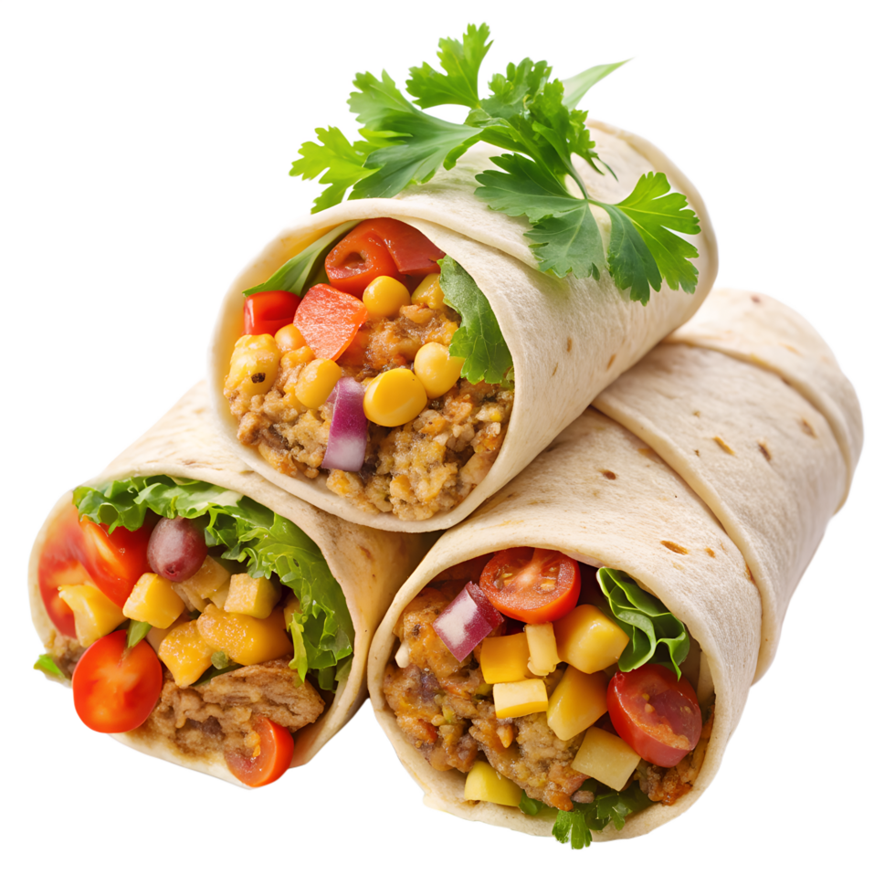 Delicious Wraps, A tantalizing array of wraps filled with vibrant vegetables, succulent fillings, and fresh ingredients, artfully arranged for a mouthwatering culinary experience. png