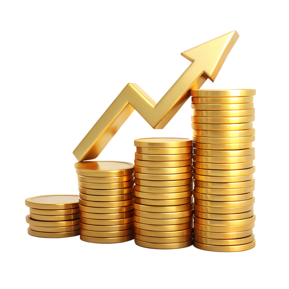 Golden Growth, Stacks of gold coins with upward pointing arrow, depicting financial growth, investment success, and wealth accumulation. png