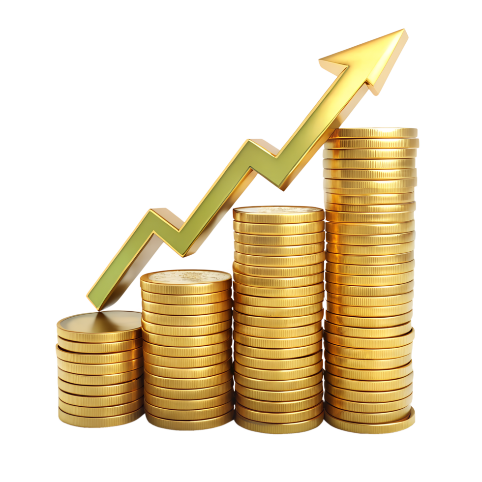 Financial Growth, Stacks of golden coins ascending with a rising arrow, symbolizes financial growth png