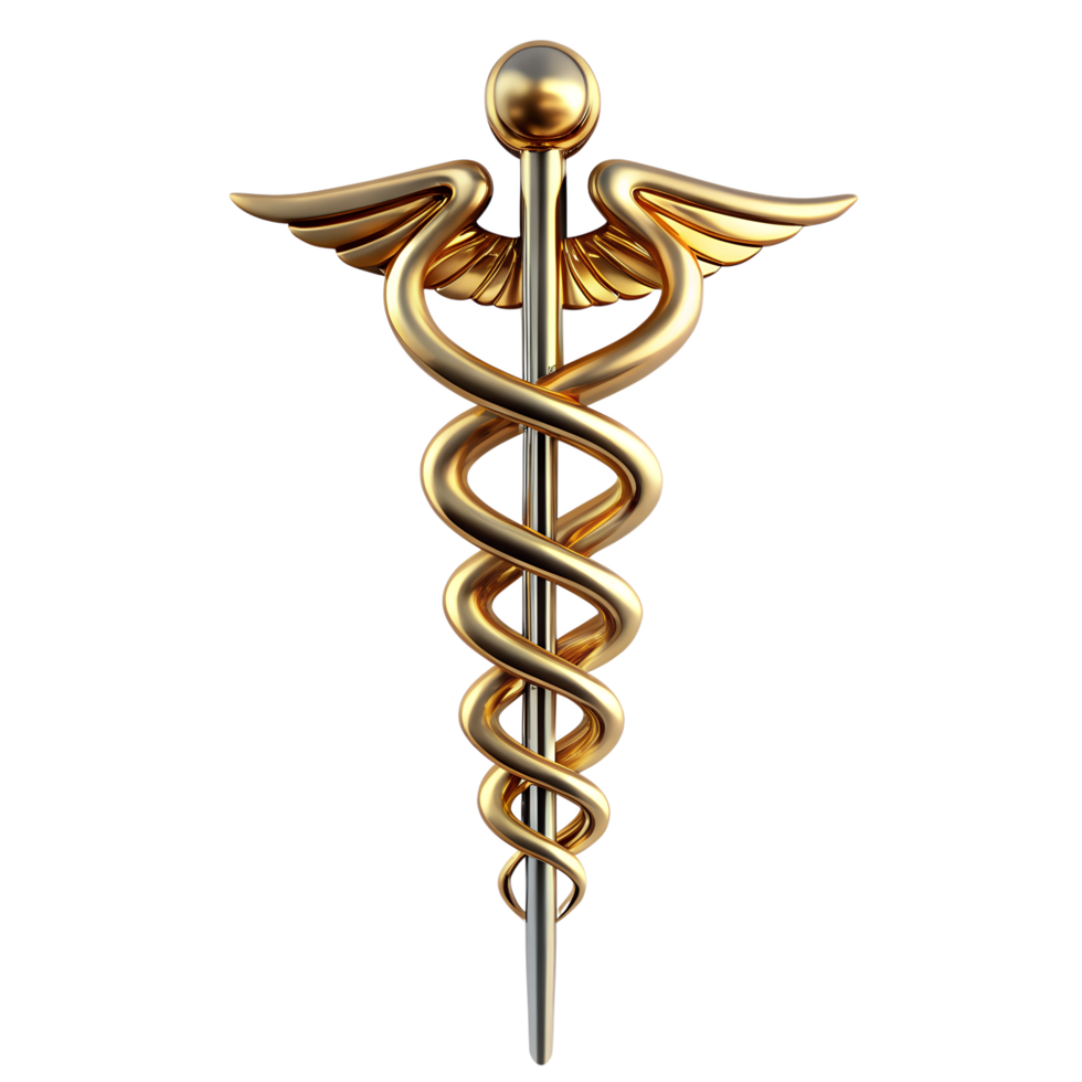 Caduceus medical symbol with golden snakes and wings transparent background png