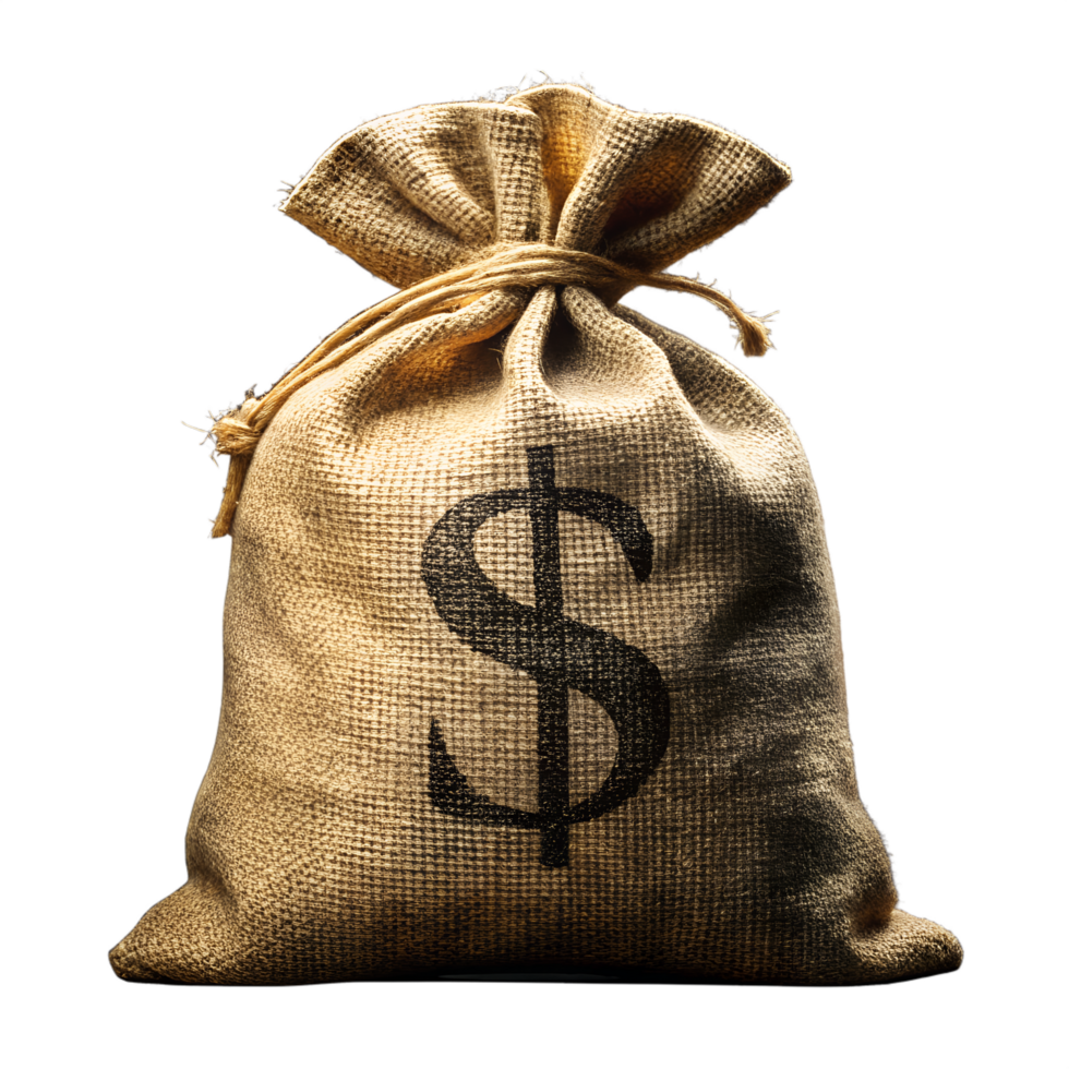 Money Bag with Dollar Sign, A rustic burlap bag, knotted at the top, prominently displaying the iconic dollar sign, evoking themes of wealth png