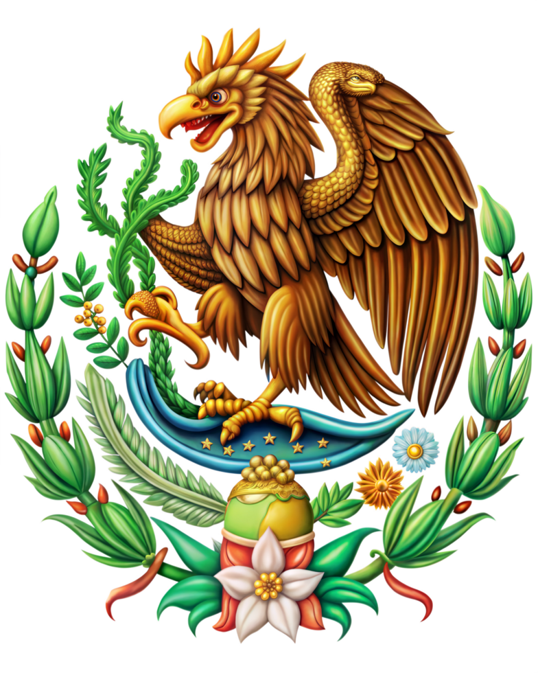 cinco de mayo mexican Eagle Emblem, The iconic national emblem of Mexico, showcasing a golden eagle perched atop a cactus with a serpent in its beak, surrounded by floral elements png