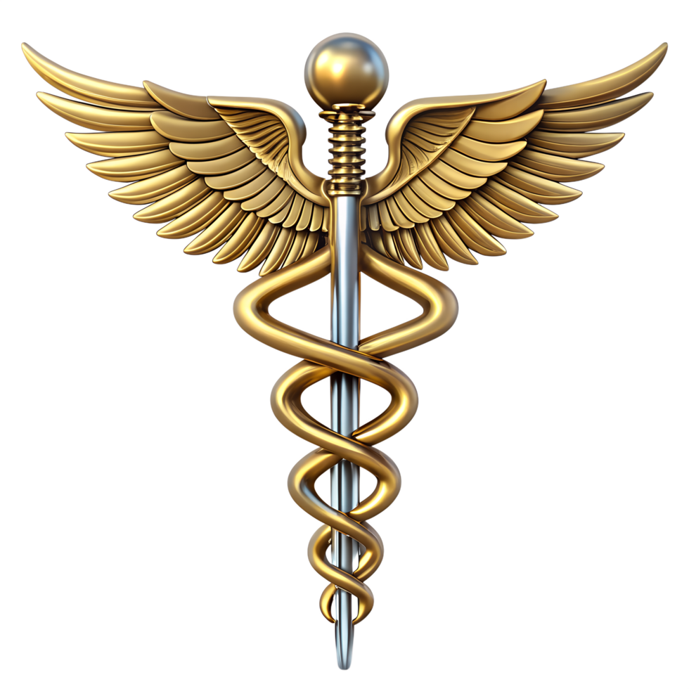 Caduceus medical symbol with golden snakes and wings on white background png