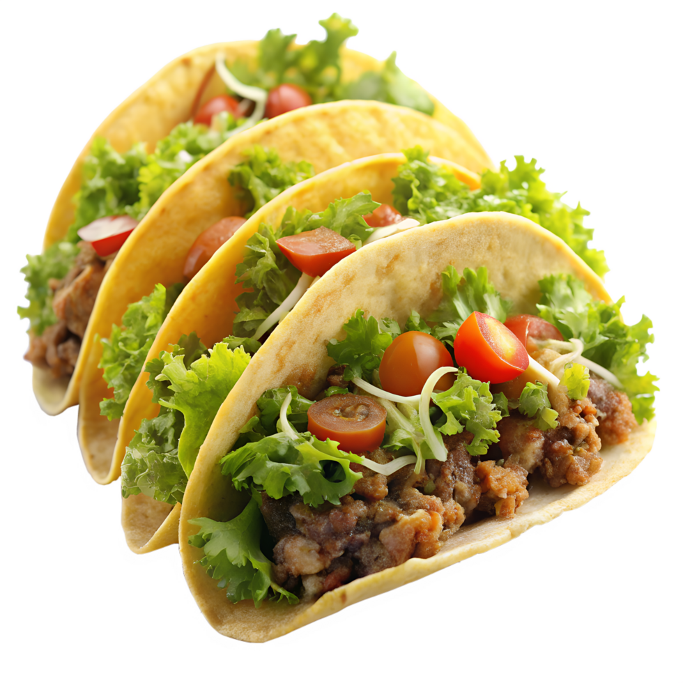 Tacos filled with meat, cheese, lettuce on white background png