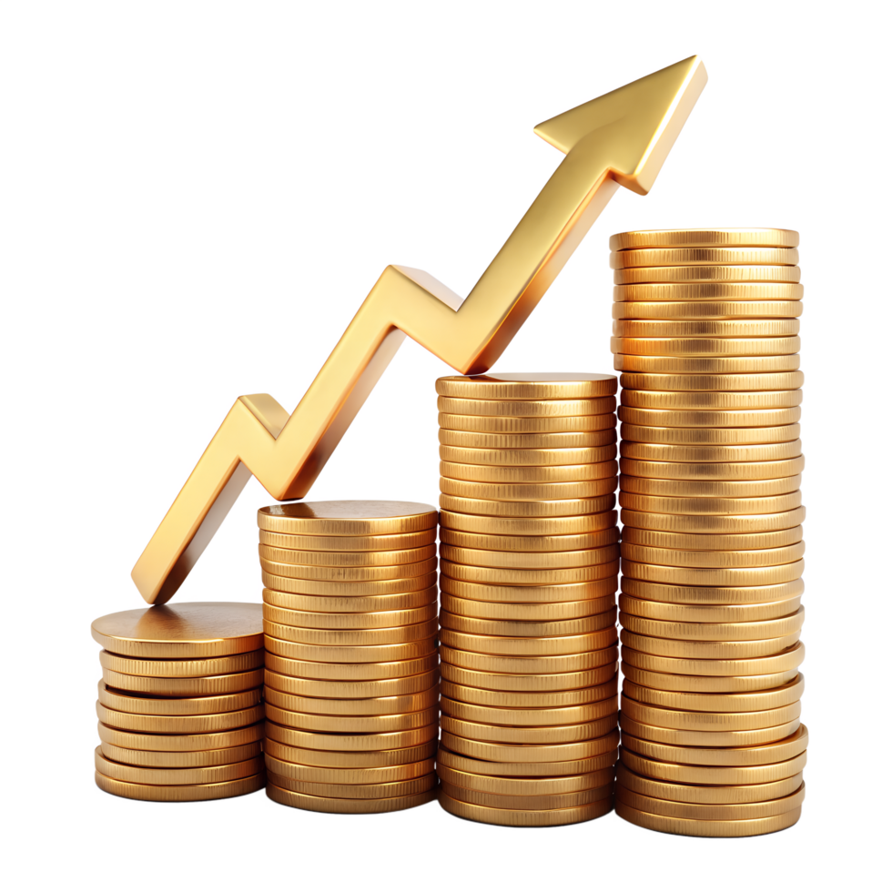 Financial Growth, Stacks of golden coins ascending with a rising arrow, symbolizes financial growth, investment, and economic information png