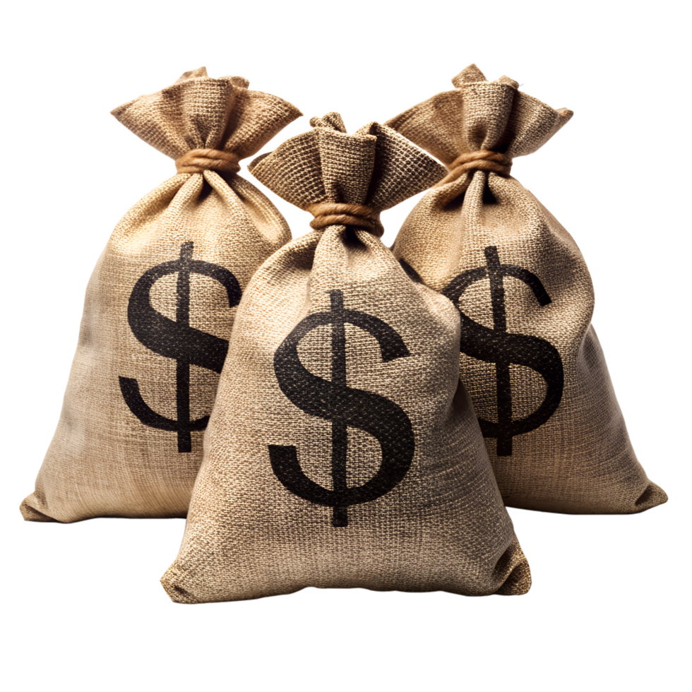 Bags of Money, Close up shot of three burlap sacks, each emblazoned with a prominent dollar sign, suggesting wealth and financial abundance. png