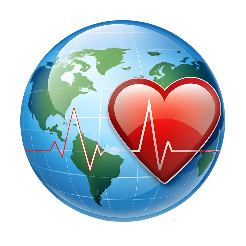 A globe silhouette with red heart and ECG pulse png