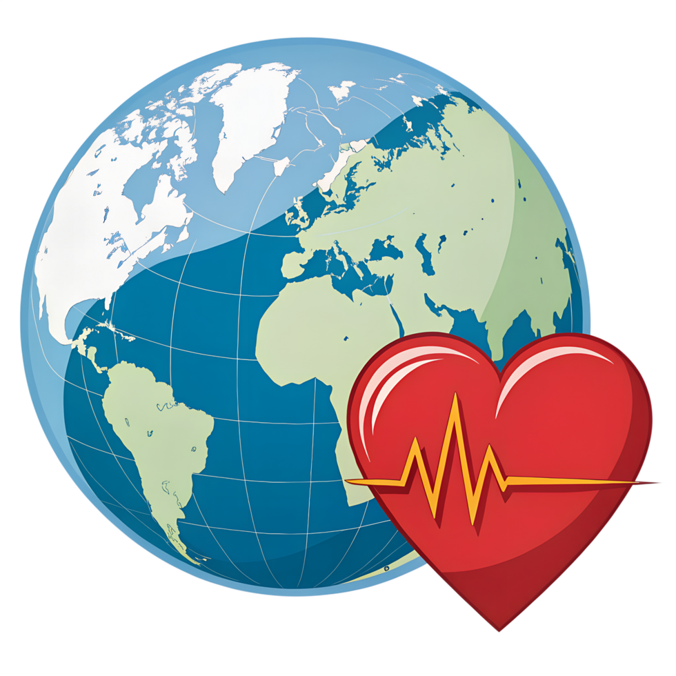 A globe silhouette with red heart and ECG pulse, global health icons white and transparent background png