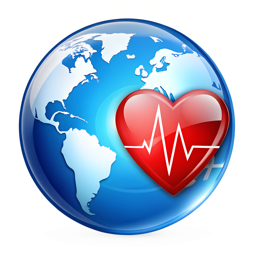 A globe silhouette with red heart and ECG pulse illustration design png