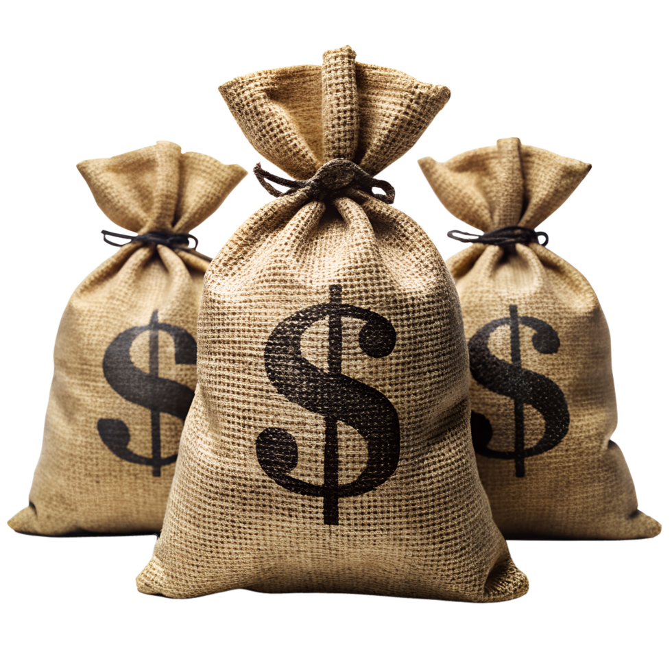 Bags of Money, Close up shot of three burlap sacks, each emblazoned with a prominent dollar sign, suggesting wealth and financial Data png