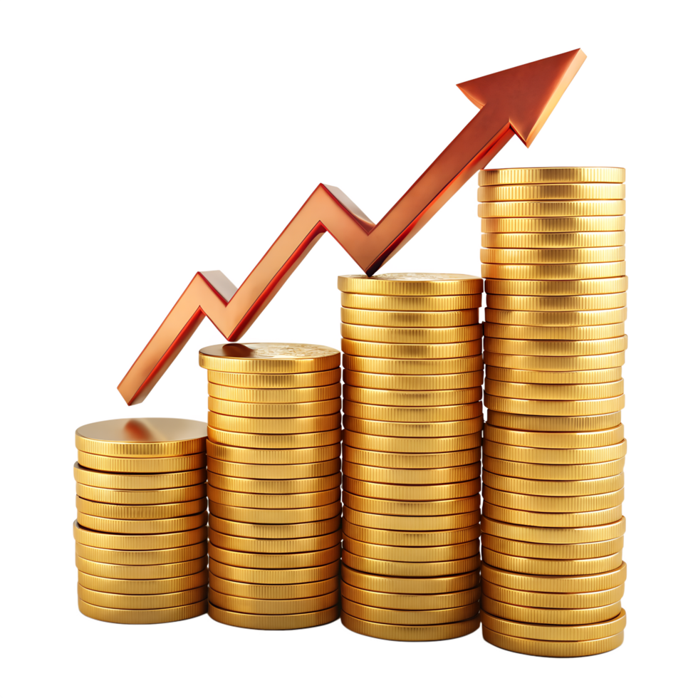 Financial Growth, Stacks of golden coins ascending with a rising arrow, symbolizes financial growth, investment, and economic progress. png