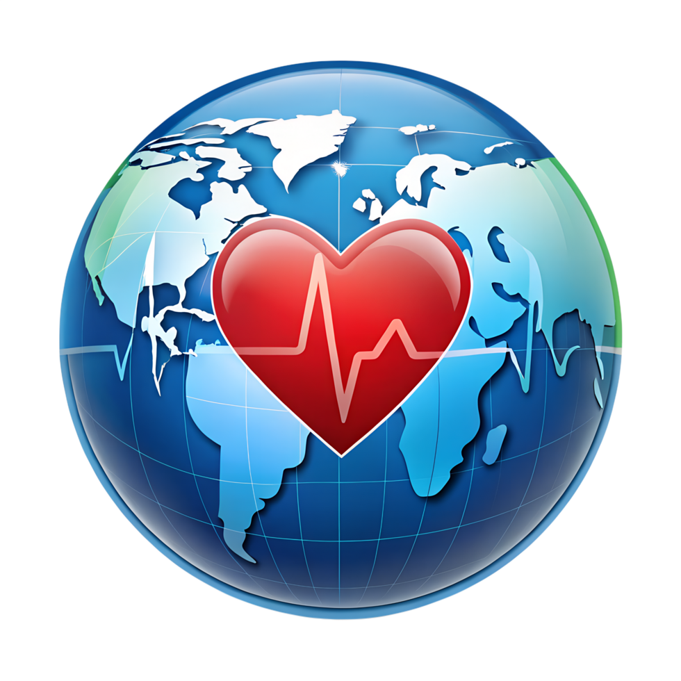 A globe silhouette with red heart and ECG pulse, global health icons png