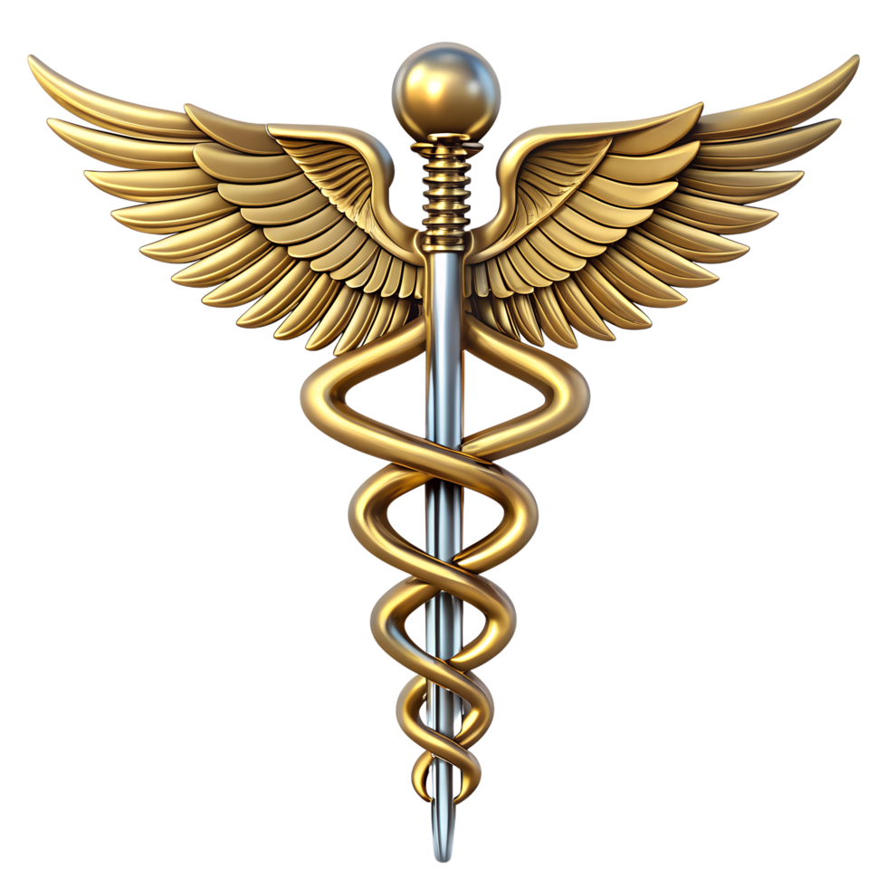 Caduceus medical icons with golden snakes and wings png
