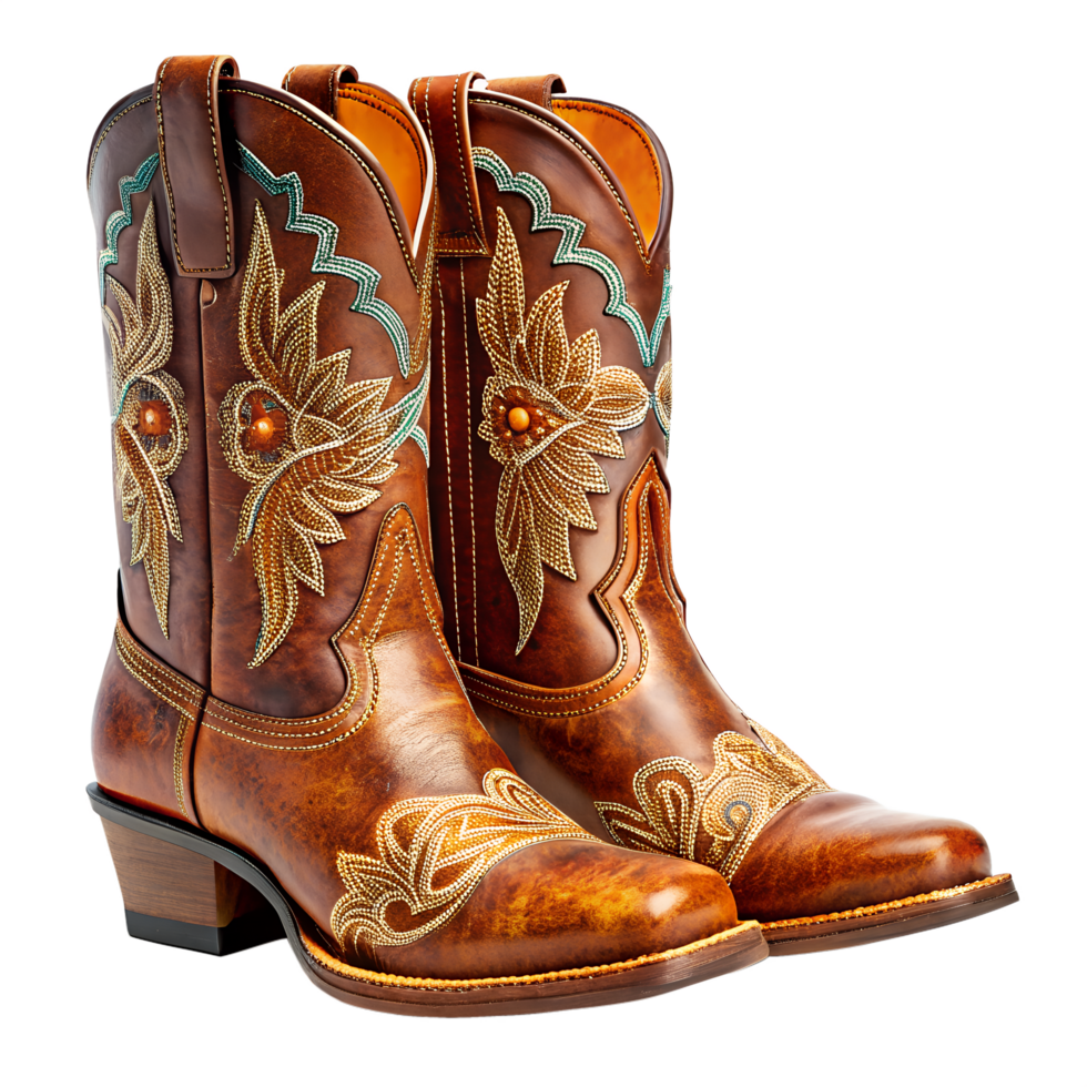 Pair of brown leather cowboy boots isolated on white background png