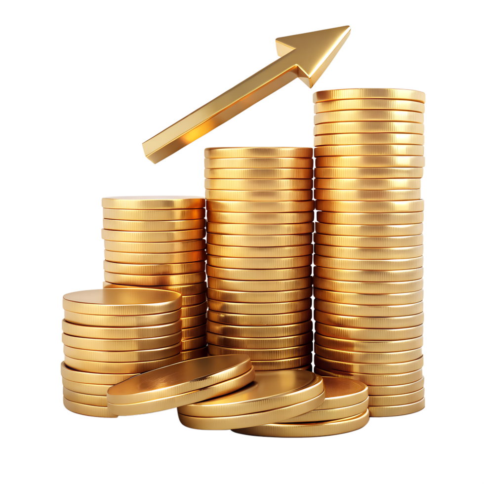 Financial Growth, Stacks of golden coins ascending with a rising arrow, png