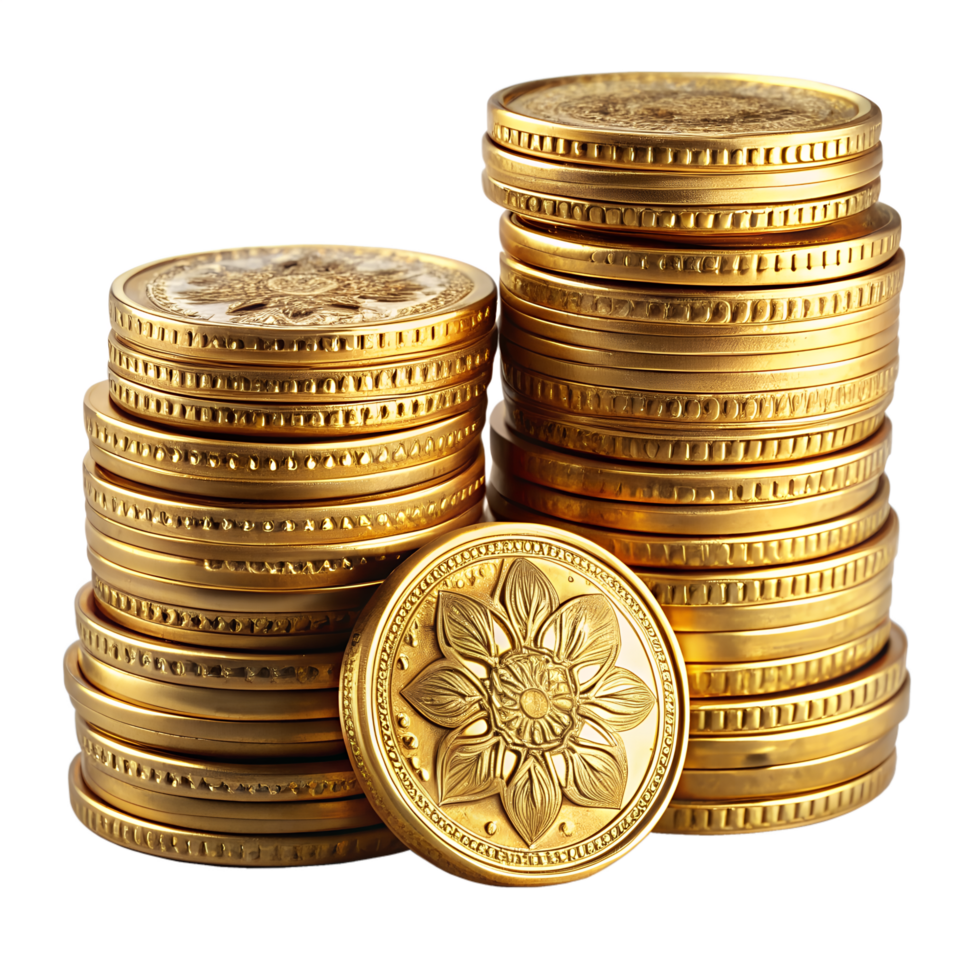 High-angle shot of gleaming gold coins piled in stacks, their intricate designs reflecting wealth and value, symbolizing financial success and prosperity. png