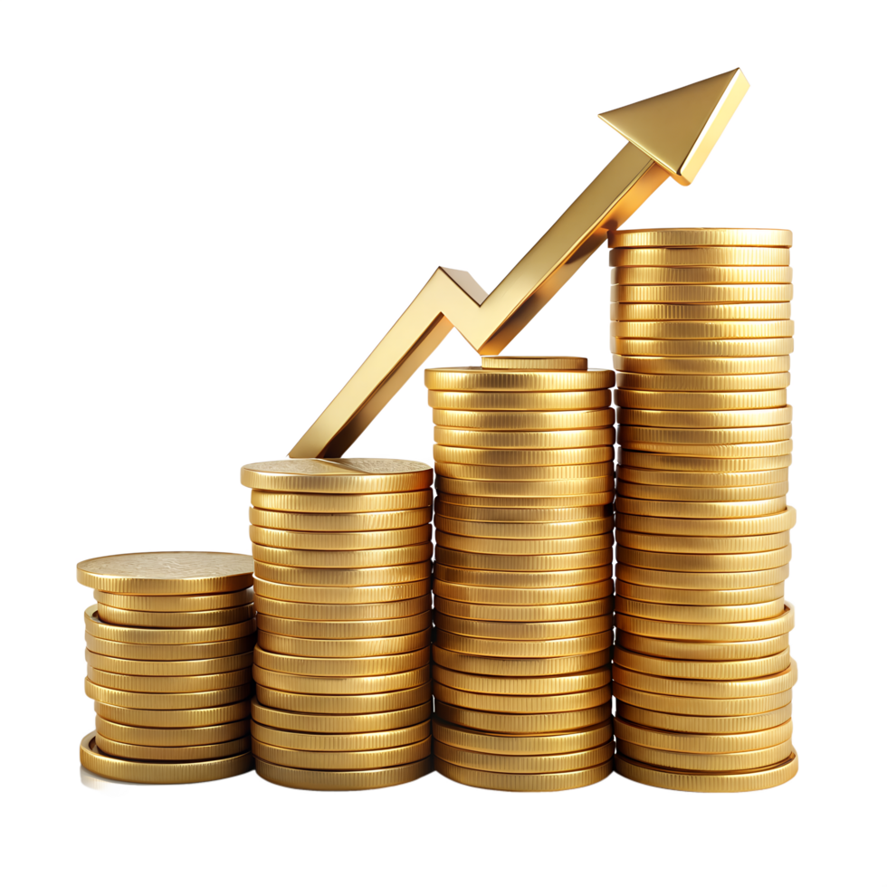 Financial Growth Concept, A gleaming gold arrow pointing upwards, gracefully ascends over stacks of golden coins, symbolizing financial progress. png