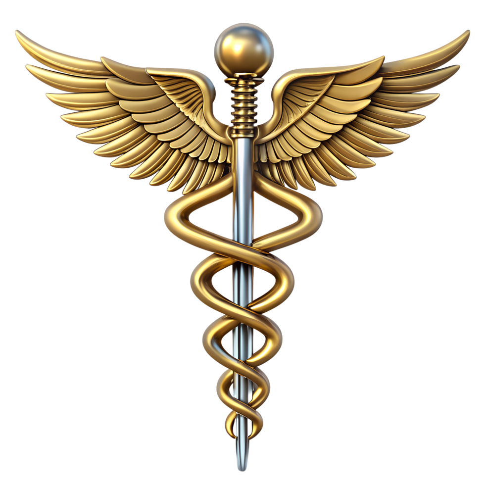 Caduceus medical symbol and icons with golden snakes and wings png