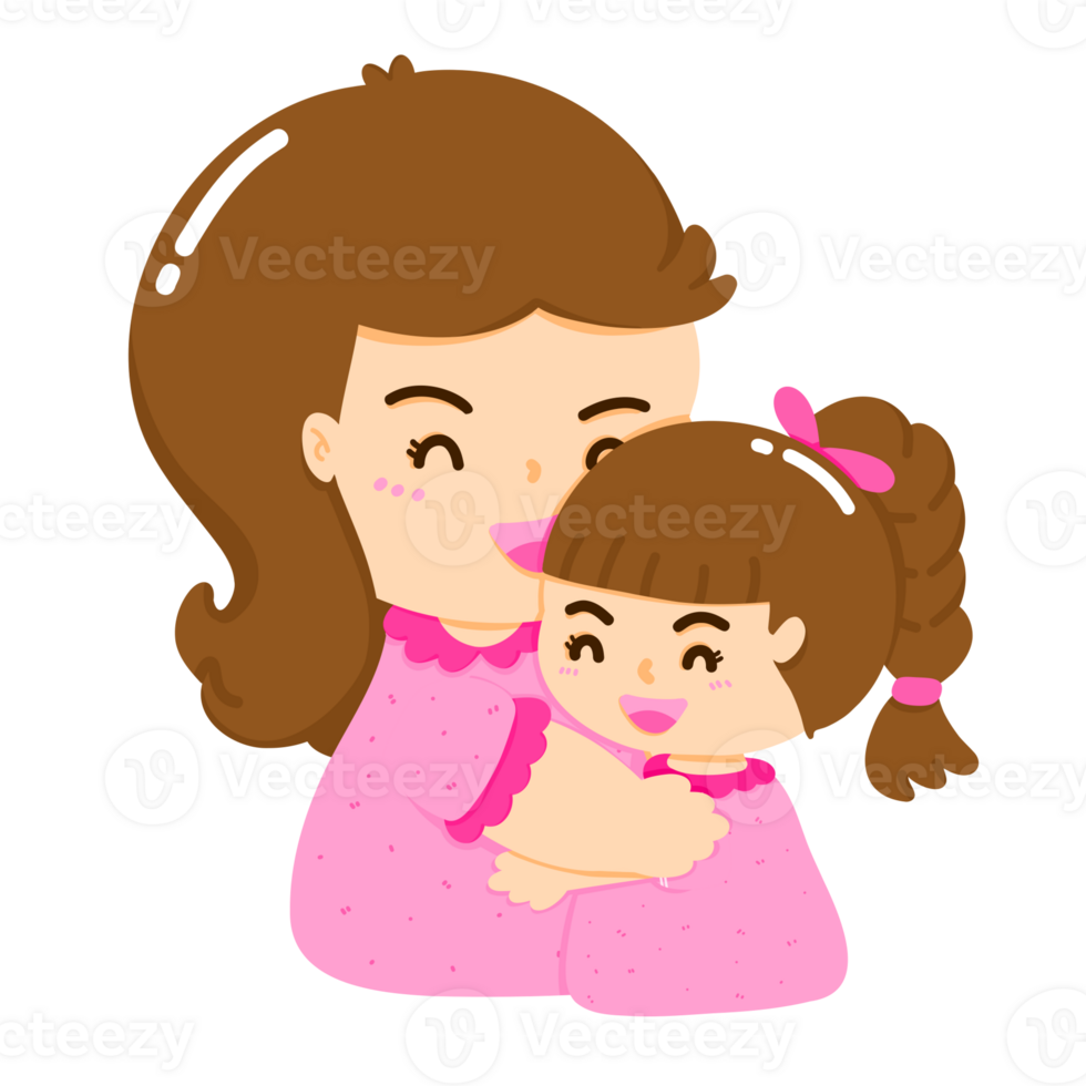 Cartoon of a mother hugging her daughter, the bond that occurs between a mother and her child, the concept of a mother's love for her child, the concept and feelings of Mother's Day png