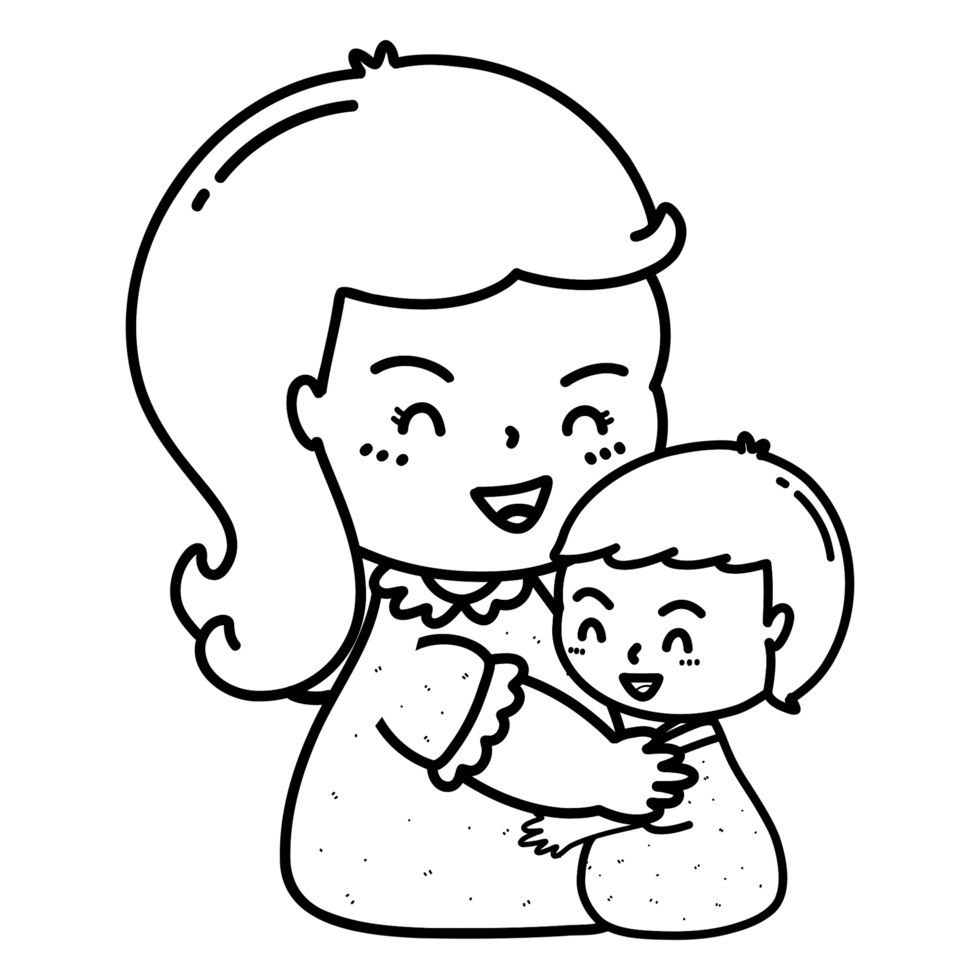 Cartoon outline illustration of mother hugging son, warm mother's day concept, mother's love illustration, mother's day coloring book image png