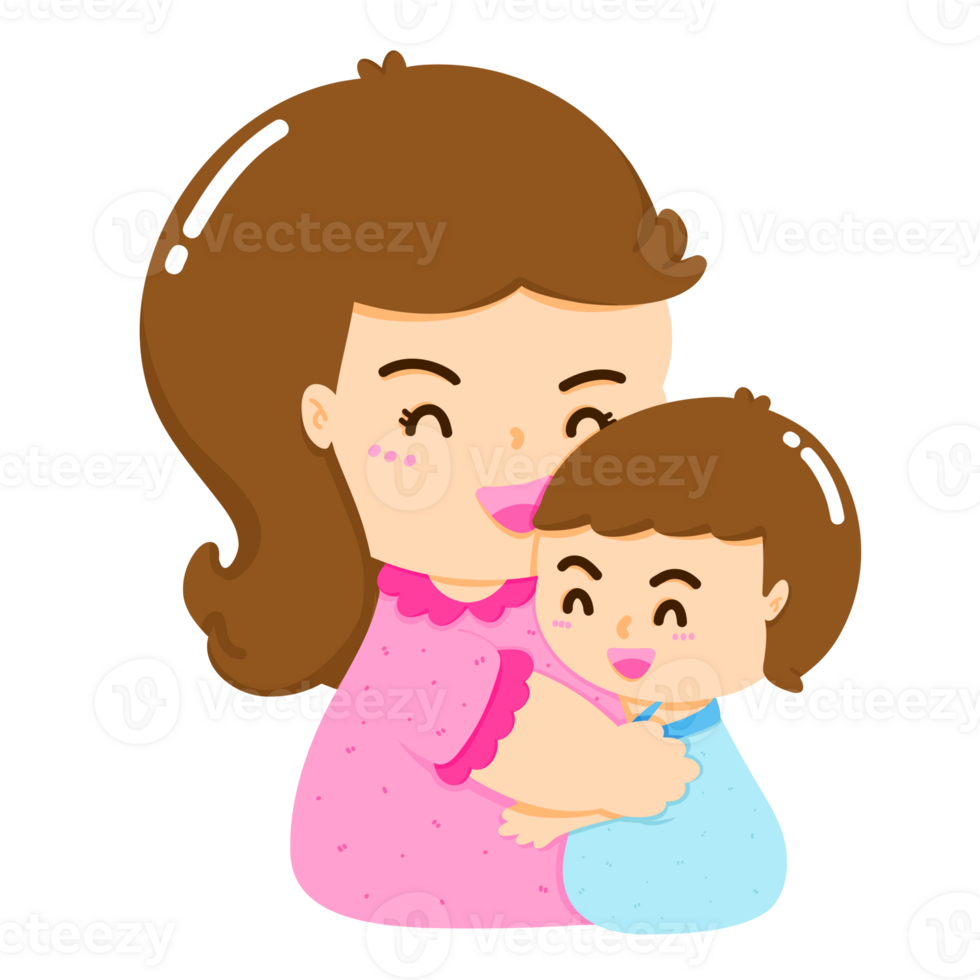 Cartoon of a mother hugging her son, the bond that occurs between a mother and her child, the concept of a mother's love for her child, the concept and feelings of Mother's Day png
