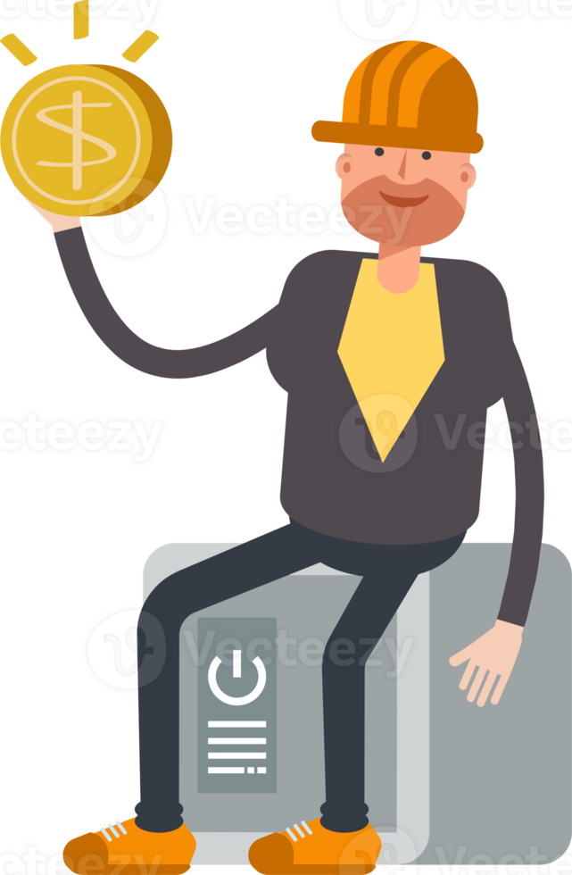 Engineer Character Sitting on Safe and Holding Dollar Coin png