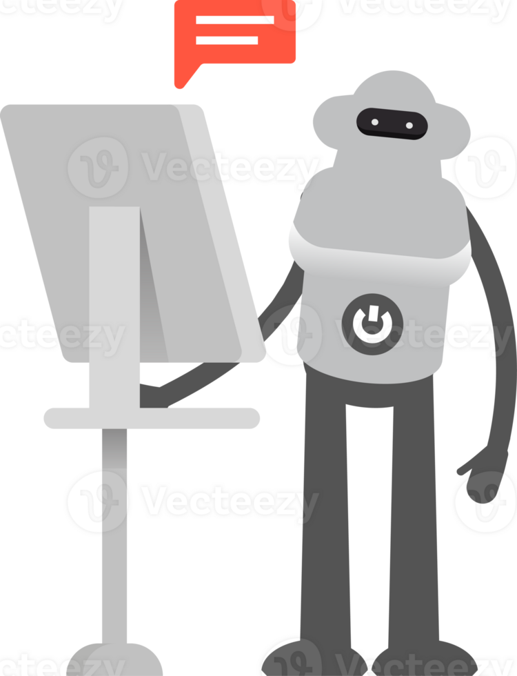 Robot Character Working on Computer Illustration png