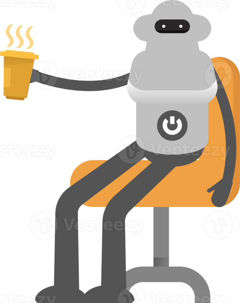 Robot Character Sitting and Holding Coffee png