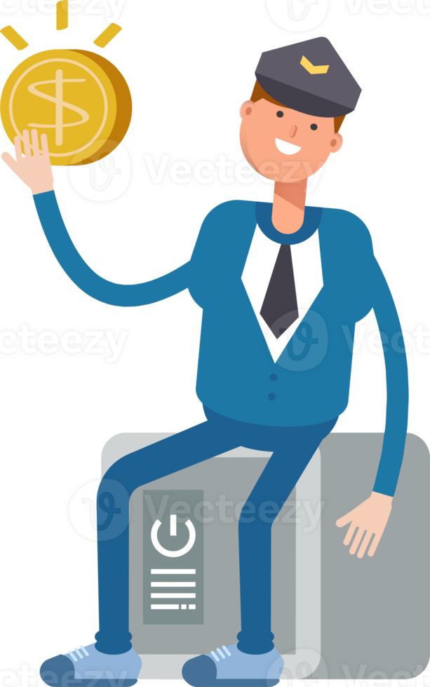 Postman Character Sitting on Safe and Holding Dollar Coin png