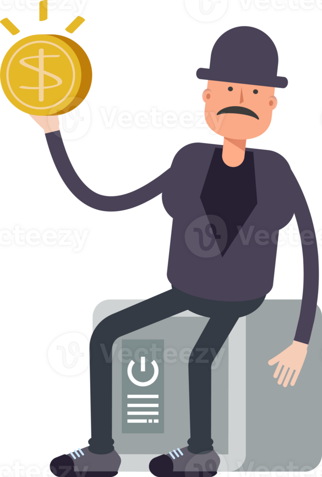 Old Man Character Sitting on Safe and Holding Dollar Coin png