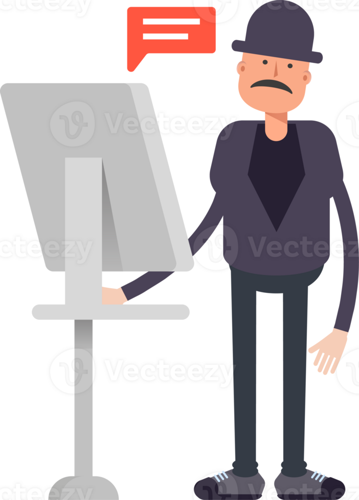 Old Man Character Working on Computer png