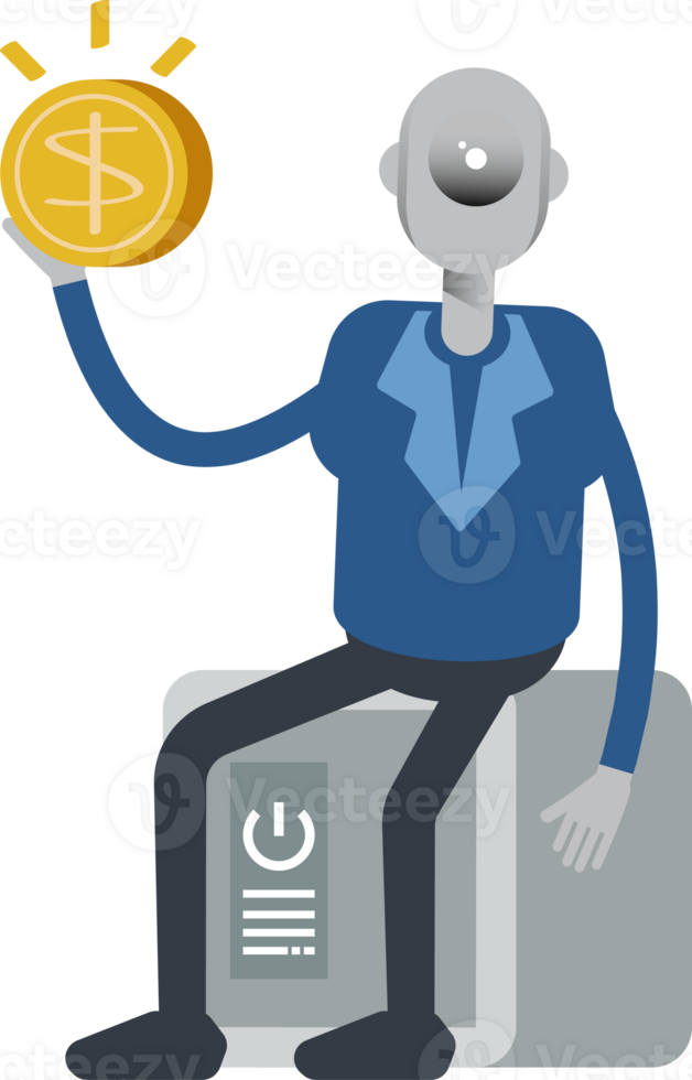 Robot Employee Character Sitting on Safe and Holding Dollar Coin png