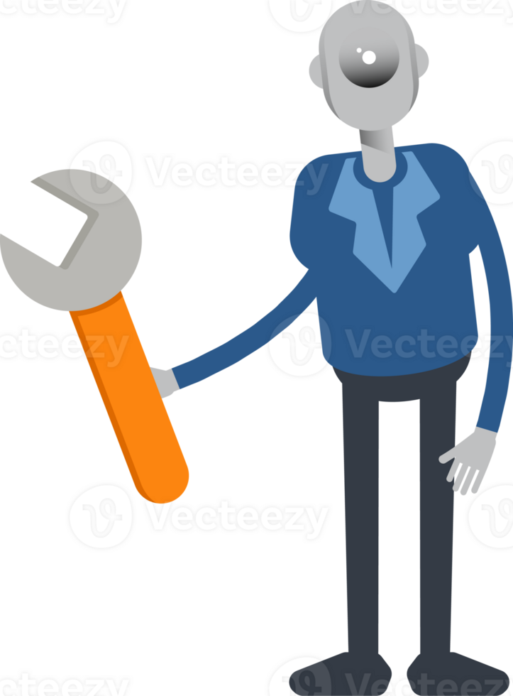 Robot Employee Character Holding Wrench Tool png