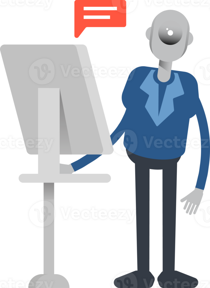 Robot Employee Character Working on Computer png
