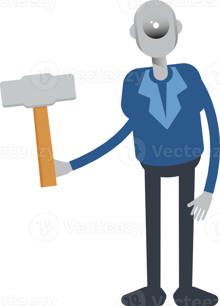 Robot Employee Character Holding Hammer Tool png