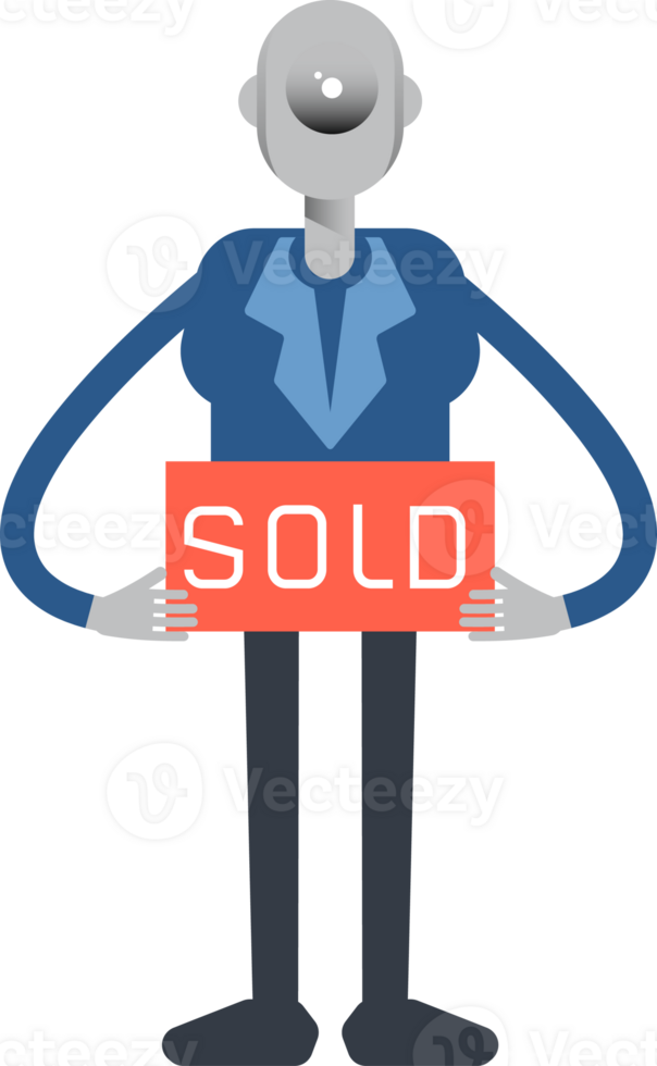 Robot Employee Character Holding Sold Signage png