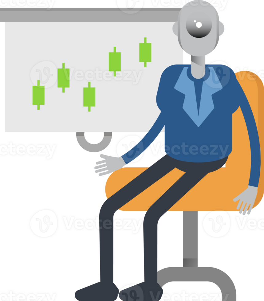 Robot Employee Character Presenting Candlestick Chart png