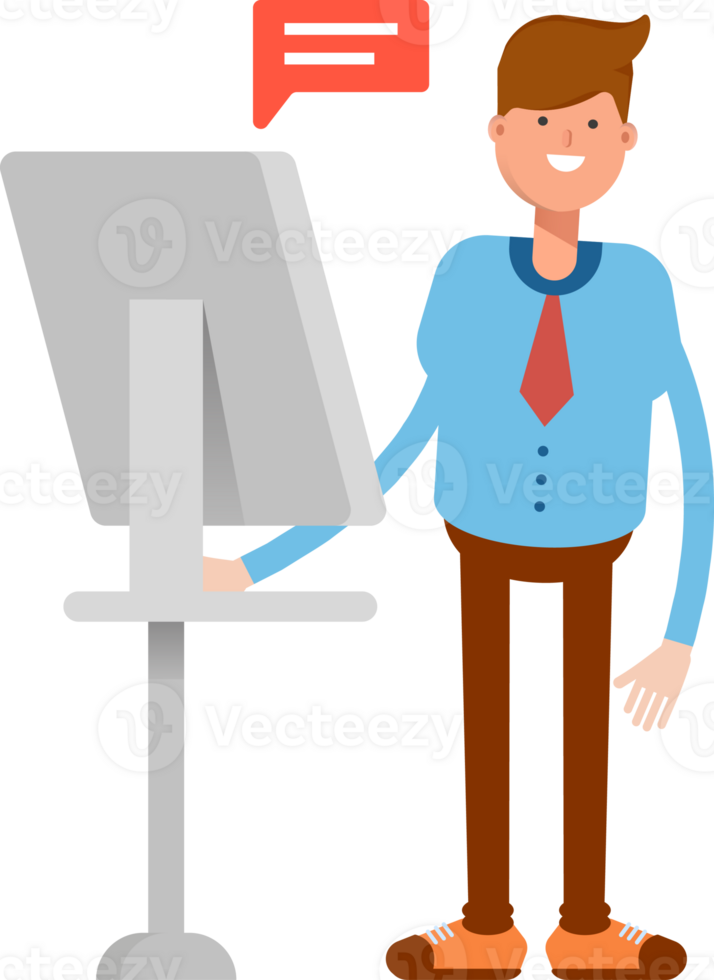 Businessman Character Working on Computer Illustration png