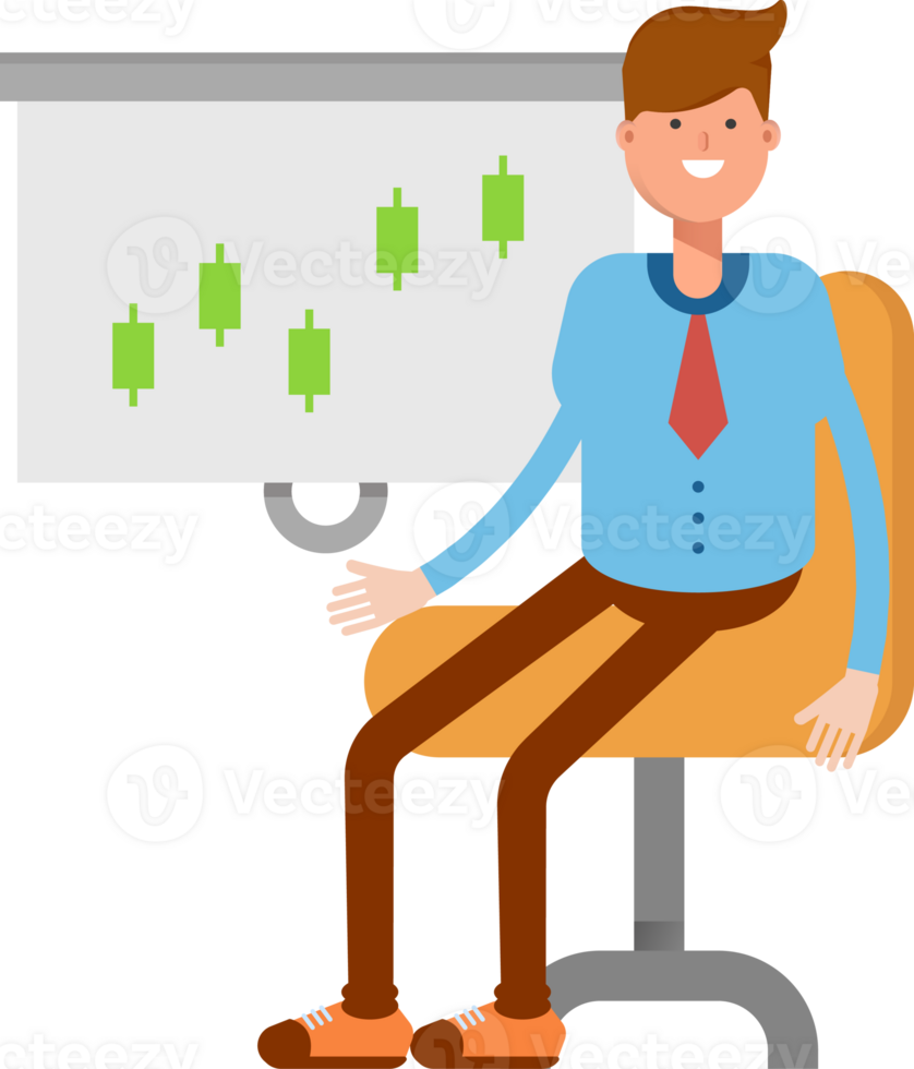 Businessman Character Presenting Candlestick Chart Illustration png