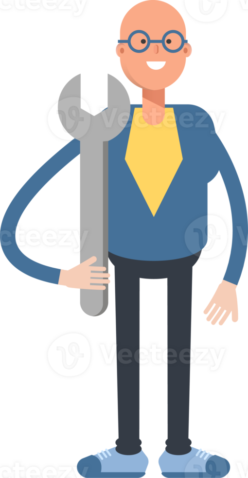 Blue Suit Bald Man Character Holding Wrench png