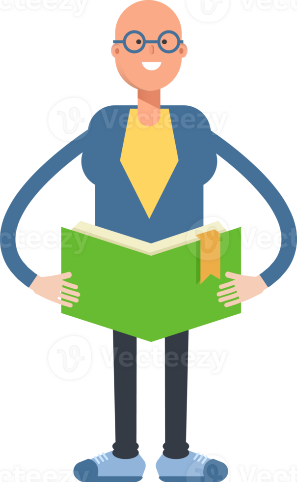 Blue Suit Bald Man Character Reading Book png