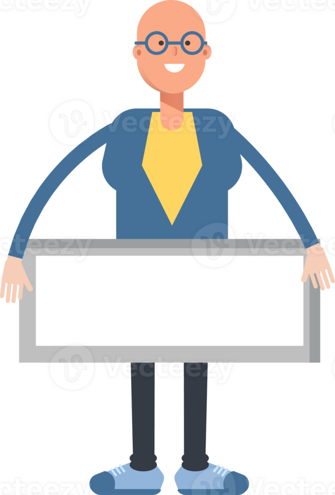 Blue Suit Bald Man Character and Blank Signage png